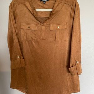 Suede like open V Neck cuffed blouse.